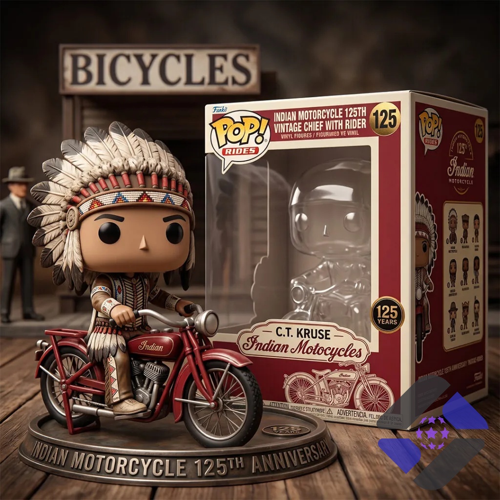Indian Motorcycle 125th Anniversary Vintage Chief with Rider Collectible Vinyl Figure – Figure and box in Indian Motorcycle 125th Anniversary Vintage Chief with Rider Collectible Vinyl Figure - figure and box in