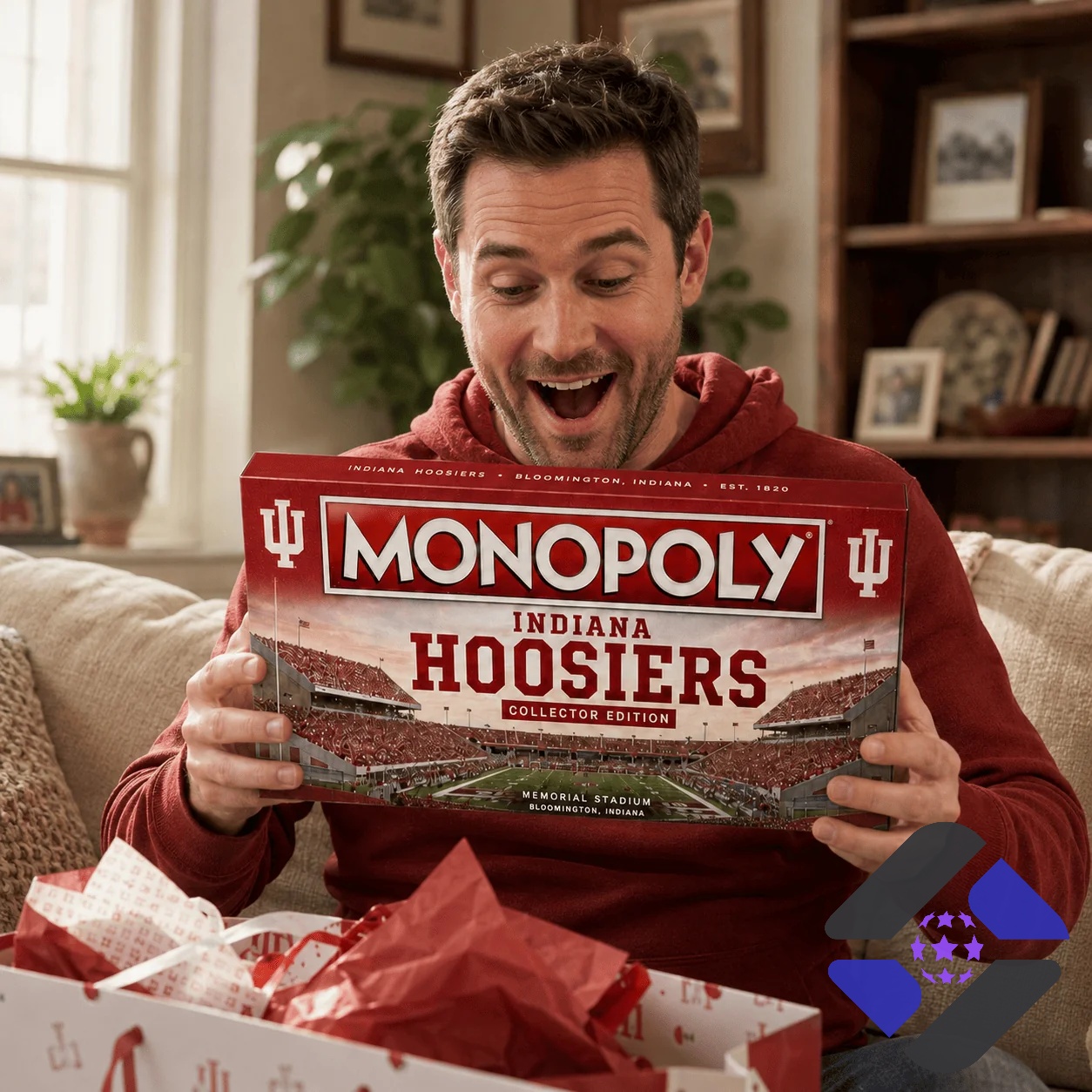 Close-up of Indiana Hoosiers Monopoly box, board corner, and custom game money