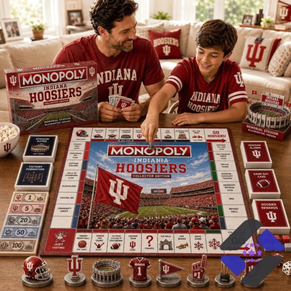 Angle view of Indiana Hoosiers Monopoly box, stadium model, and game cards