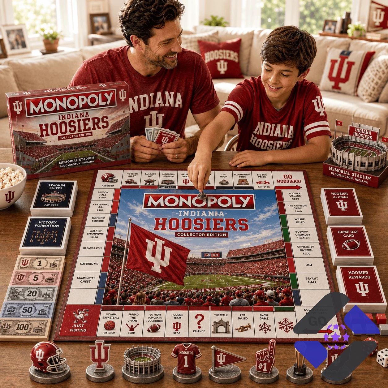 Angle view of Indiana Hoosiers Monopoly box, stadium model, and game cards