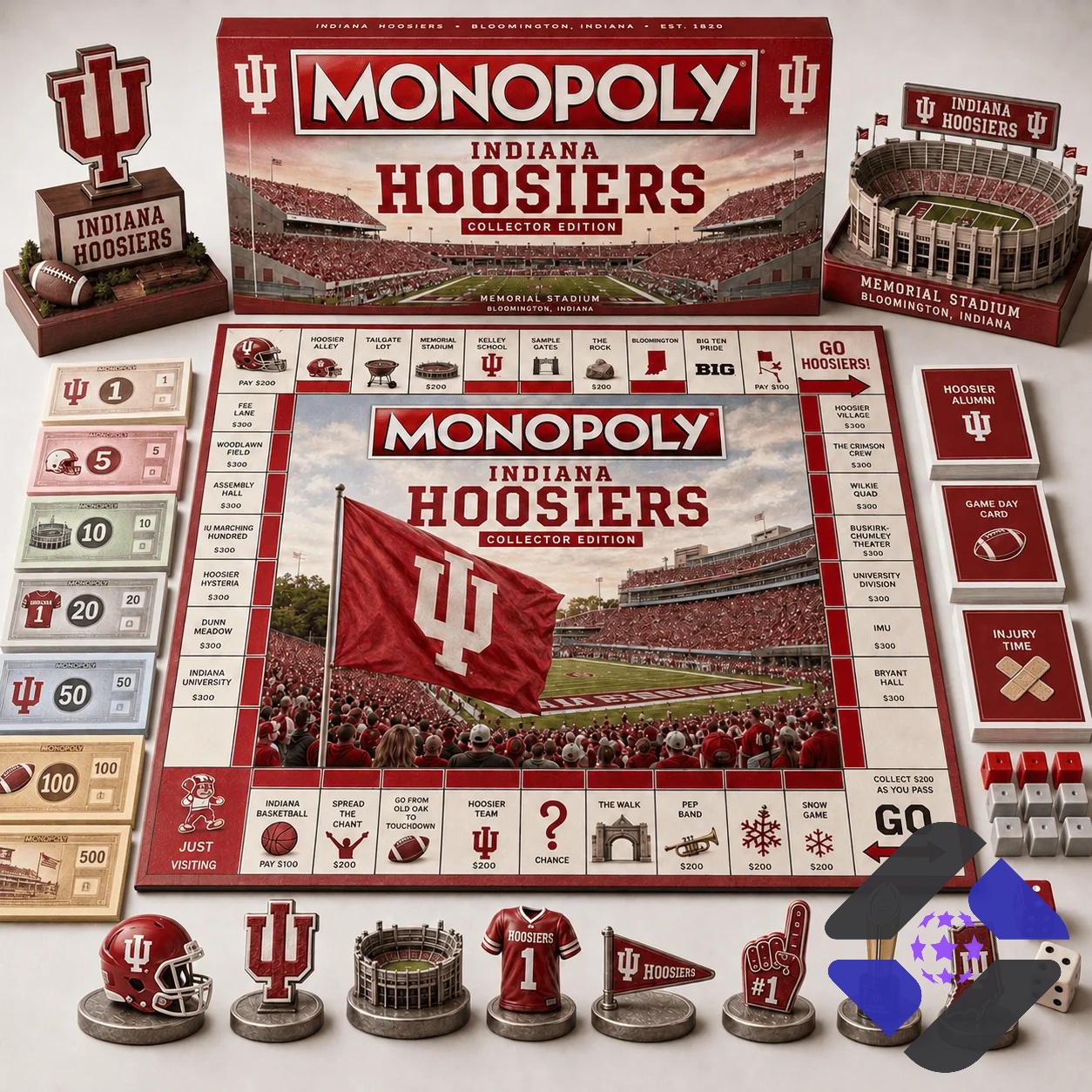 Indiana Hoosiers Monopoly board game set with box, board, money, and game pieces