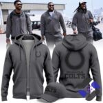 Indianapolis Colts Team Logo Zip Hoodie and Cap - full product display with players walking in background