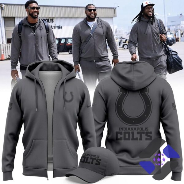 Indianapolis Colts Team Logo Zip Hoodie and Cap - full product display with players walking in background