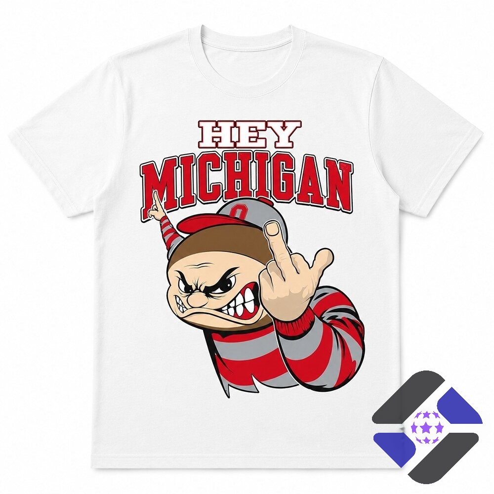 Ohio State Buckeyes Hey Michigan Rivalry T-Shirt - bottom half of white mockup and person's lower body