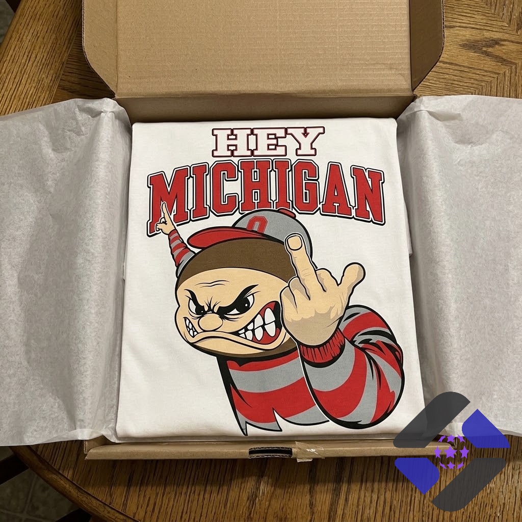 Ohio State Buckeyes Hey Michigan Rivalry T-Shirt - full white t-shirt mockup with graphic design
