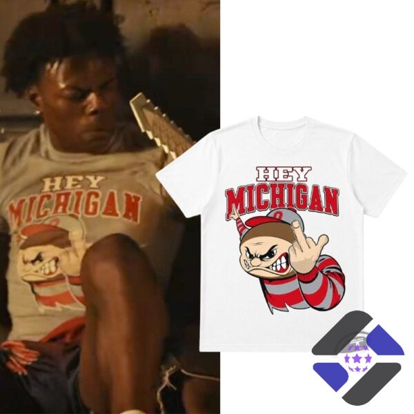 Ohio State Buckeyes Hey Michigan Rivalry T-Shirt - white mockup next to person wearing grey version