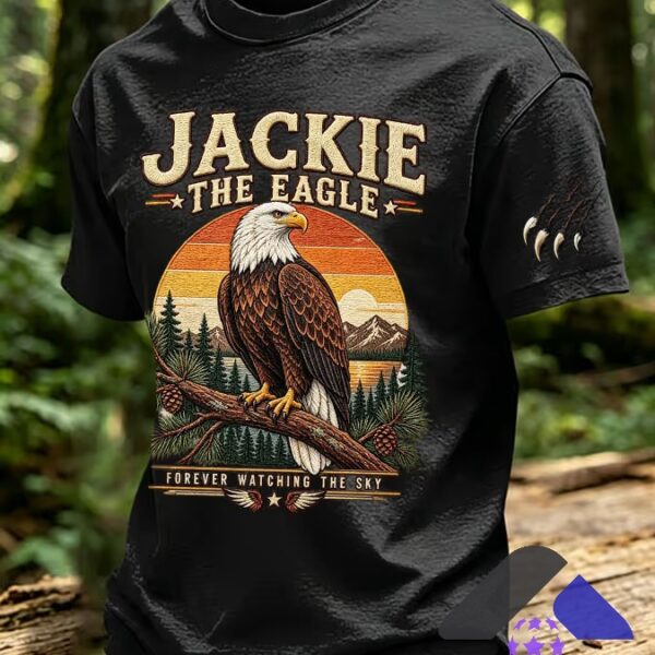 Jackie The Eagle Forever Watching The Sky T-Shirt - close up of upper design with text