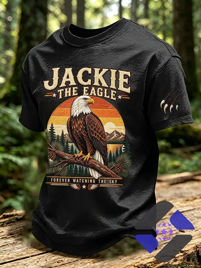 Jackie The Eagle Forever Watching The Sky T-Shirt - close up of upper design with text