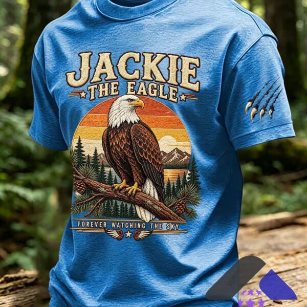 Jackie The Eagle Forever Watching The Sky T-Shirt - close up of sleeve with claw marks