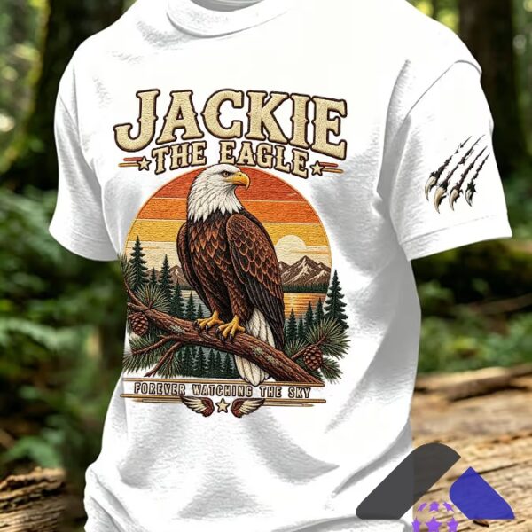 Jackie The Eagle Forever Watching The Sky T-Shirt - close up of lower design and text