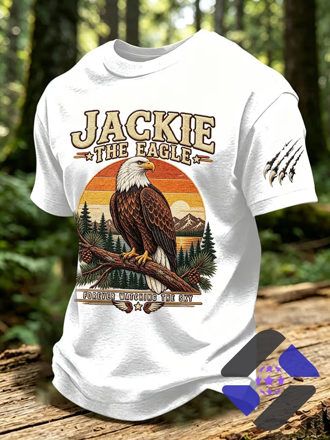 Jackie The Eagle Forever Watching The Sky T-Shirt - close up of lower design and text