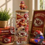 Kansas City Chiefs Leprechaun Football Fan Tumbler - full display with mug and framed team art