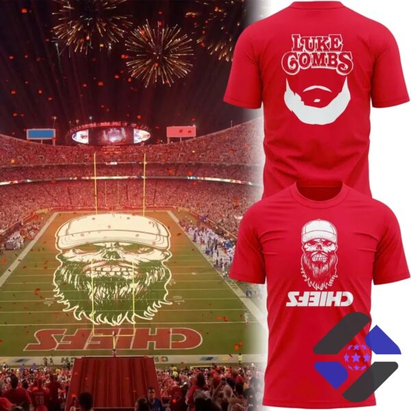 Kansas City Chiefs Luke Combs Skull Beard T-Shirt - front and back designs in a stadium