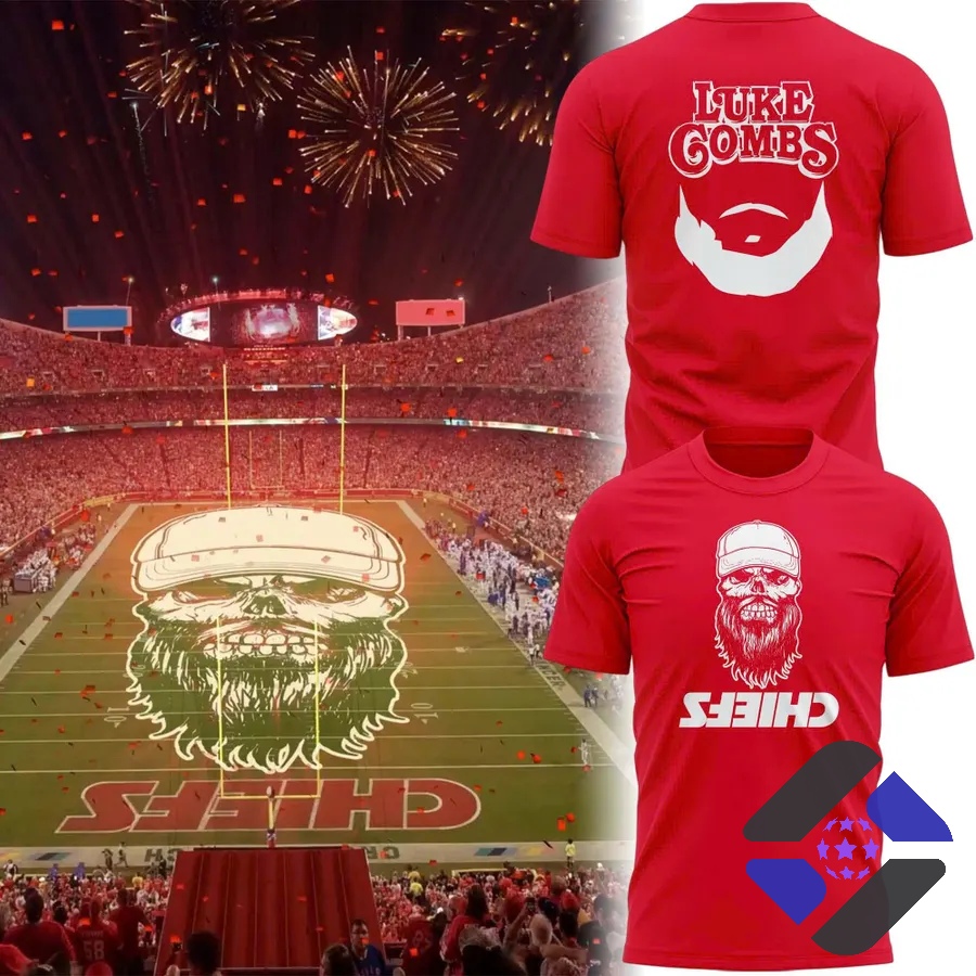 Kansas City Chiefs Luke Combs Skull Beard T-Shirt - front and back designs in a stadium