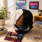 Ken Carson Fortnite Runners Sprite Figure Plush Toy - front view on a wooden desk with game art