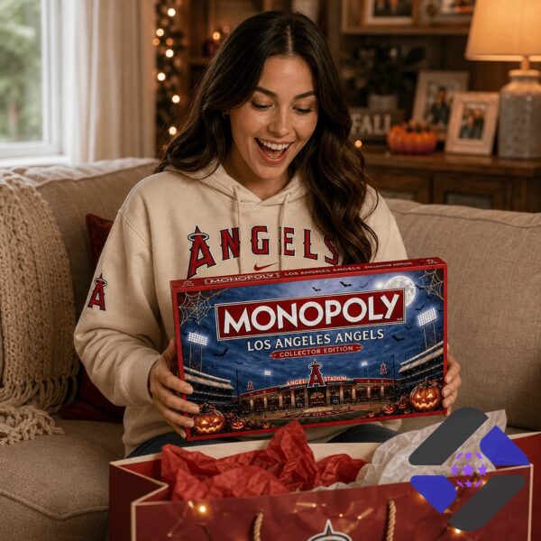 Los Angeles Angels Halloween 2026 Monopoly Board Game - close-up of game box, property cards, and illuminated
