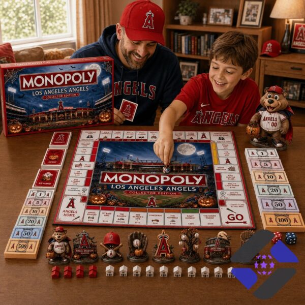Los Angeles Angels Halloween 2026 Monopoly Board Game - view of game box, money, and red baseball cap