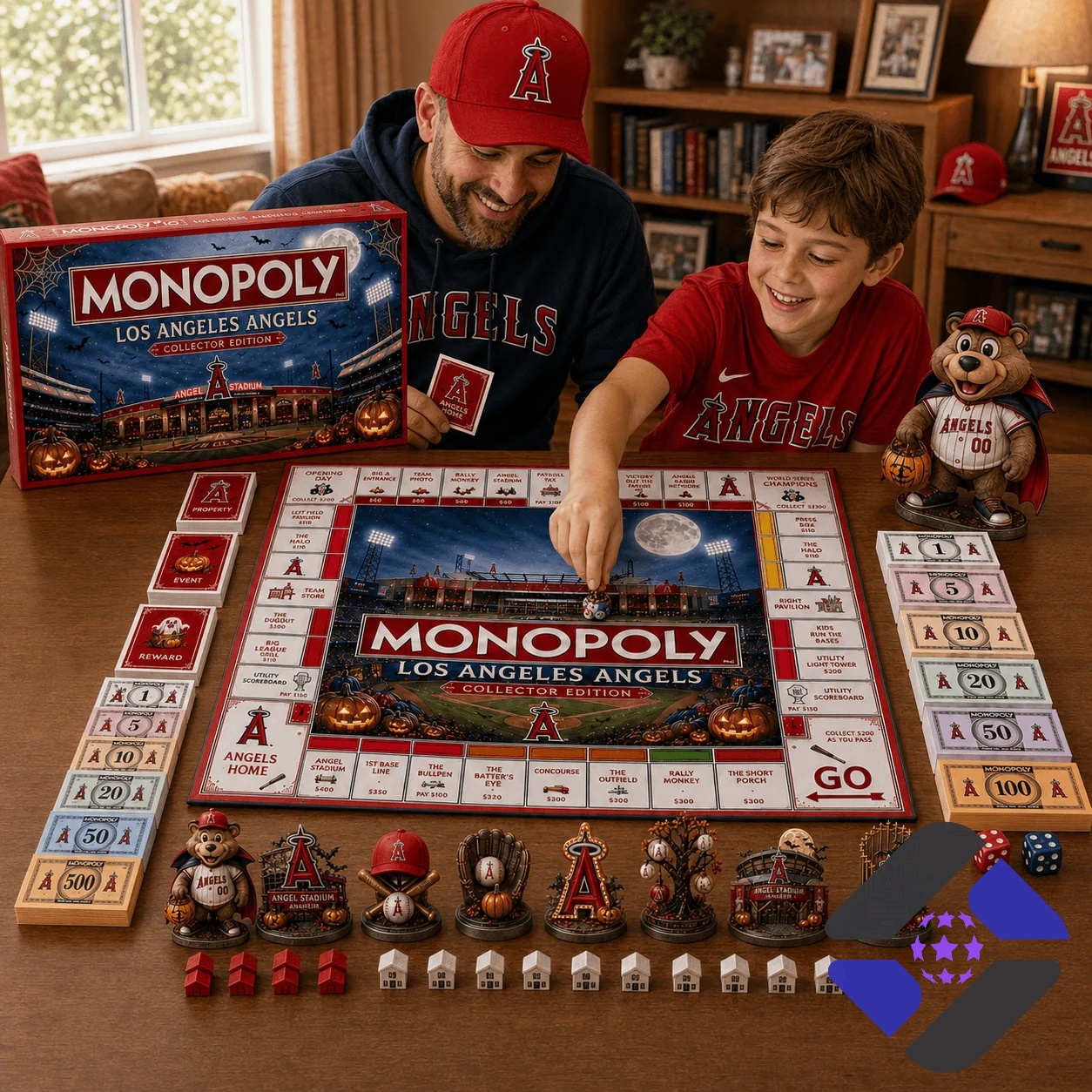 Los Angeles Angels Halloween 2026 Monopoly Board Game - view of game box, money, and red baseball cap