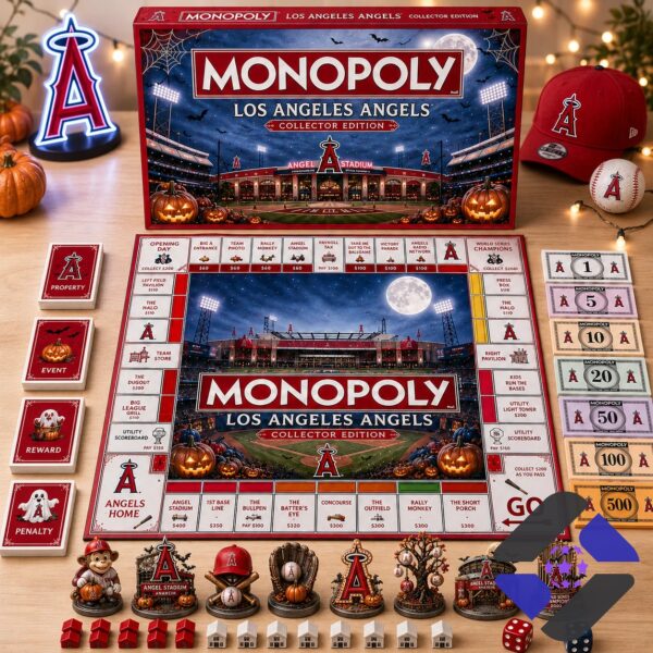 Los Angeles Angels Halloween 2026 Monopoly Board Game - full product display with game board, box, and