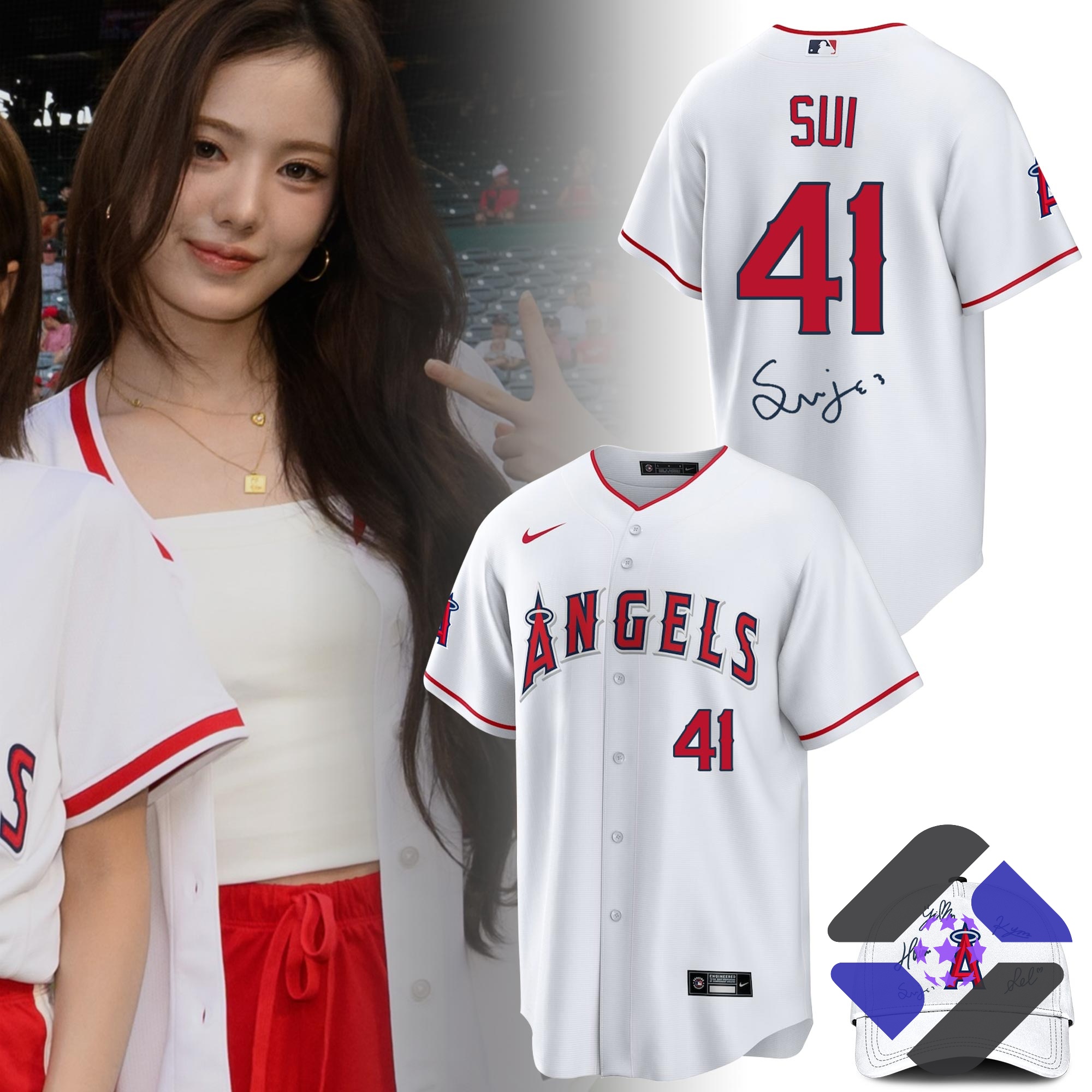 Los Angeles Angels Sui Limited Edition Baseball Jersey - full view with cap and fan in background