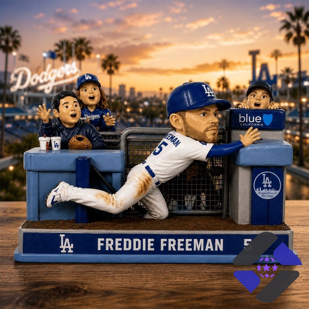 Los Angeles Dodgers Freddie Freeman Diving Catch Bobblehead - close-up of fans and back of player