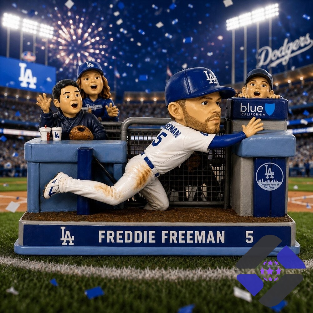 Los Angeles Dodgers Freddie Freeman Diving Catch Bobblehead - full display with stadium background