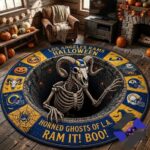 Los Angeles Rams Halloween Quilted Round Rug - full view in a rustic room setting