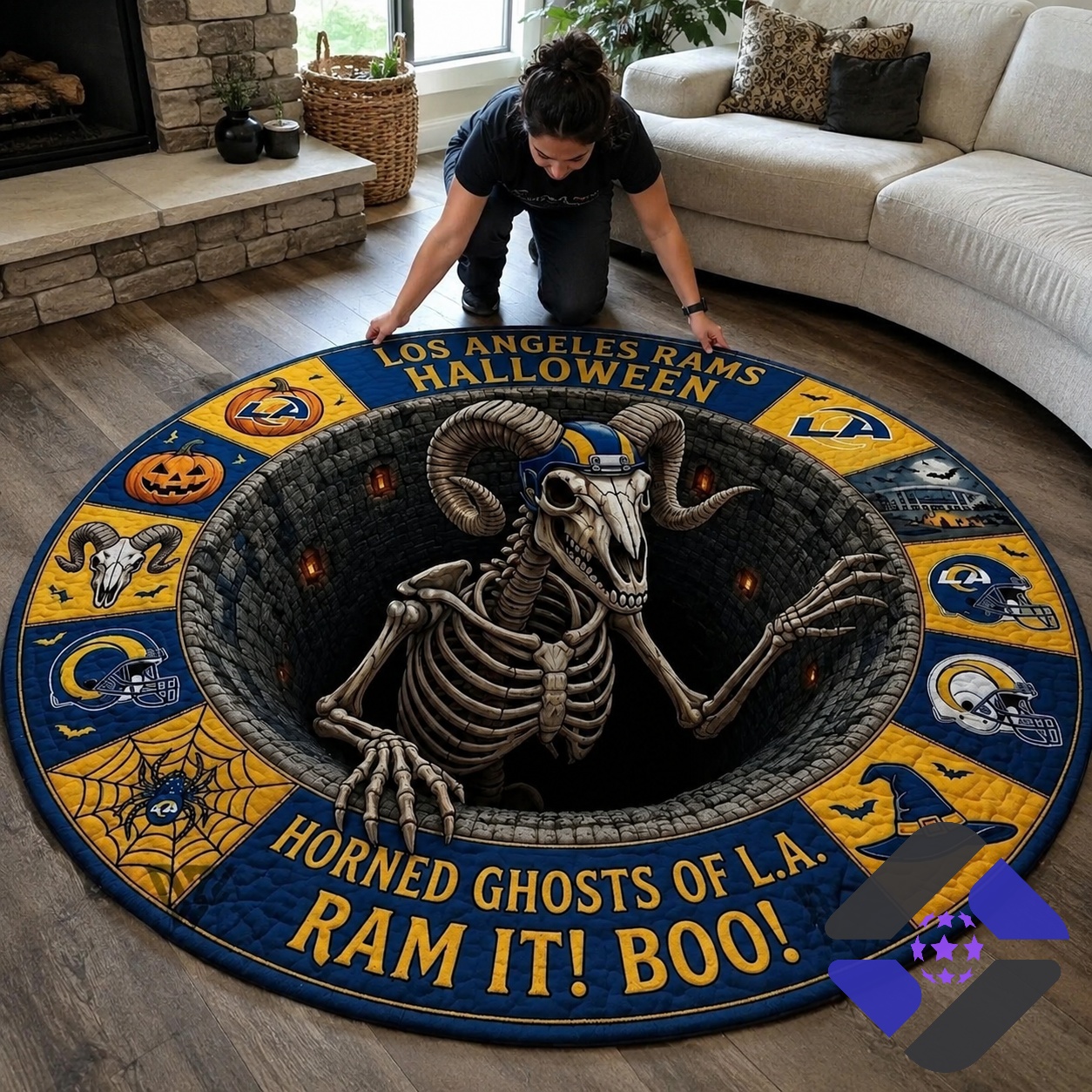 Los Angeles Rams Halloween Quilted Round Rug - close-up of top-left section with pumpkin motifs