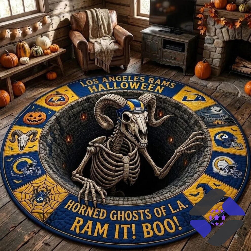 Los Angeles Rams Halloween Quilted Round Rug – Full view in a rustic Los Angeles Rams Halloween Quilted Round Rug - full view in a rustic room setting