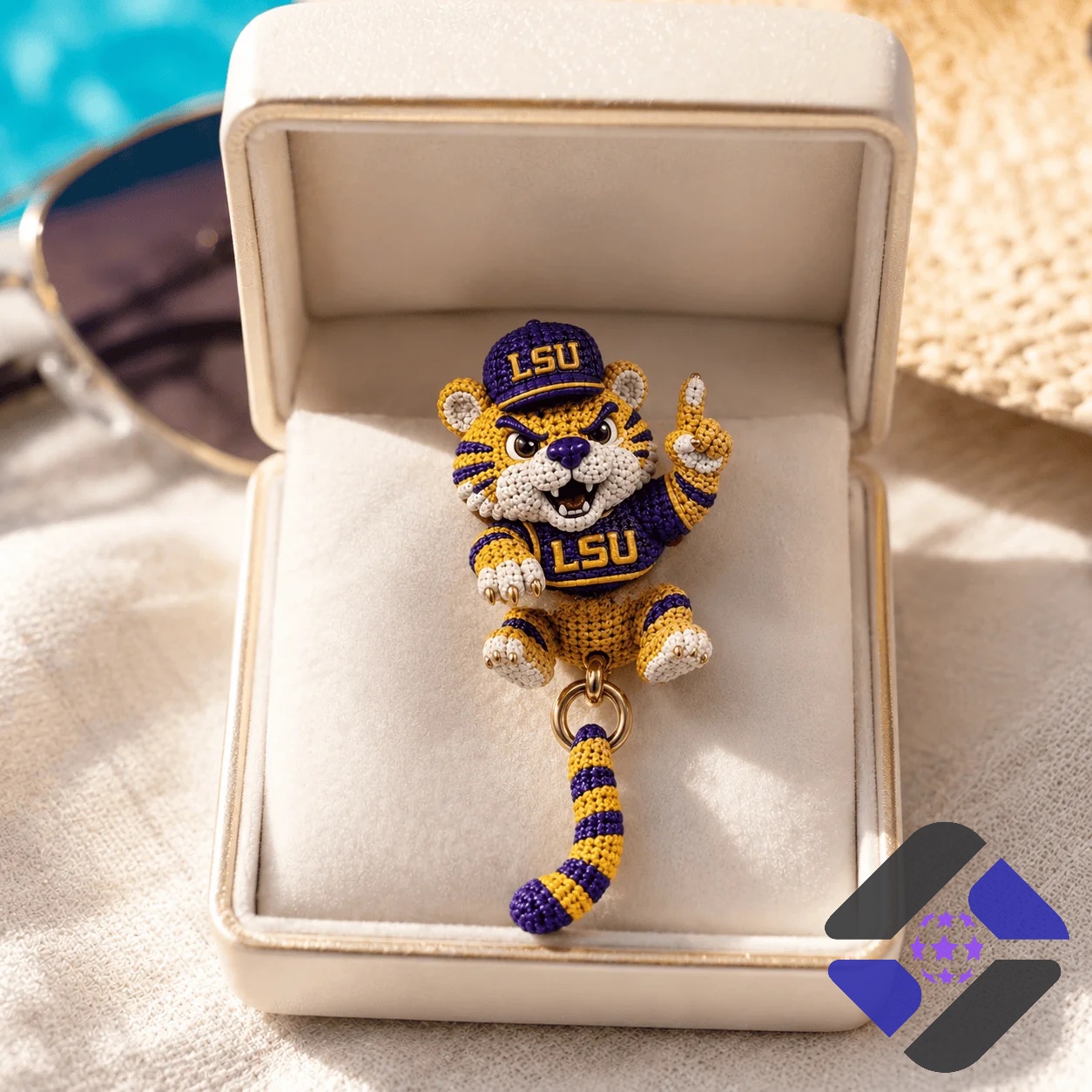 Louisiana State University Crocheted Mascot Dangle Earrings - close-up of tiger's face and cap
