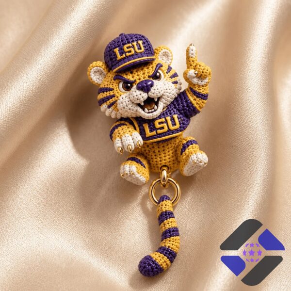 Louisiana State University Crocheted Mascot Dangle Earrings - close-up of tiger's upper body and pointing