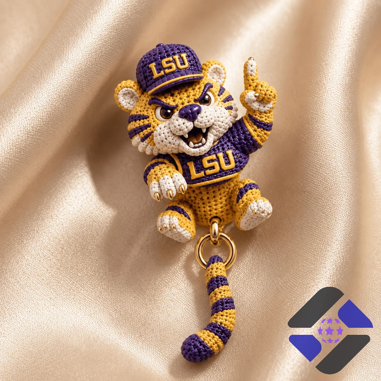 Louisiana State University Crocheted Mascot Dangle Earrings - close-up of tiger's upper body and pointing
