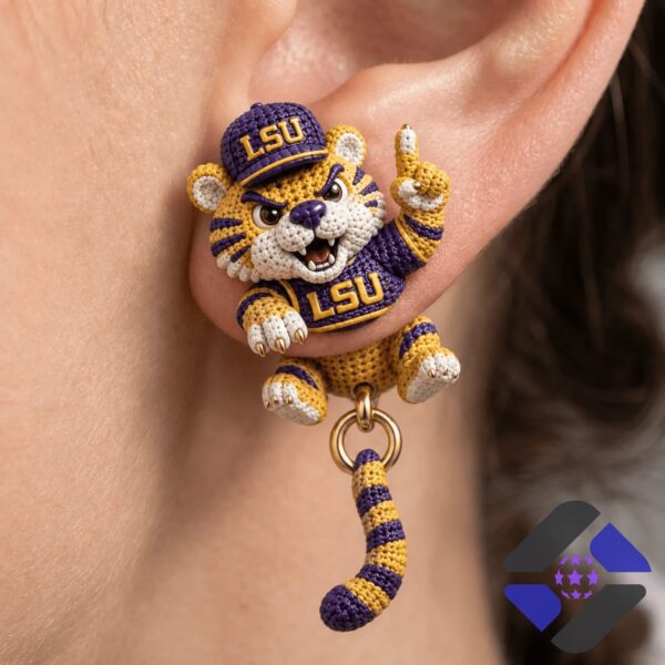 Louisiana State University Crocheted Mascot Dangle Earrings - close-up on ear