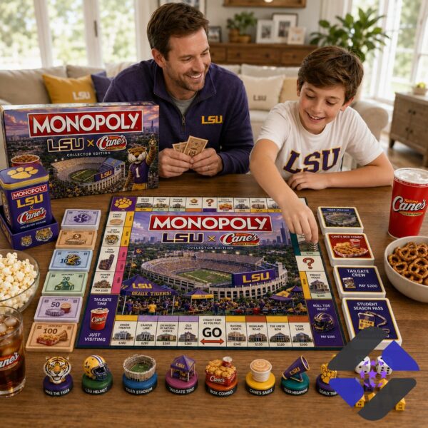 Louisiana State University Raising Canes Monopoly Board Game - box, tin, and corner of game board