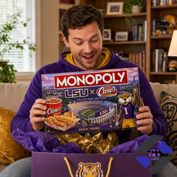 Louisiana State University Raising Canes Monopoly Board Game - game board, stadium model, and mascot