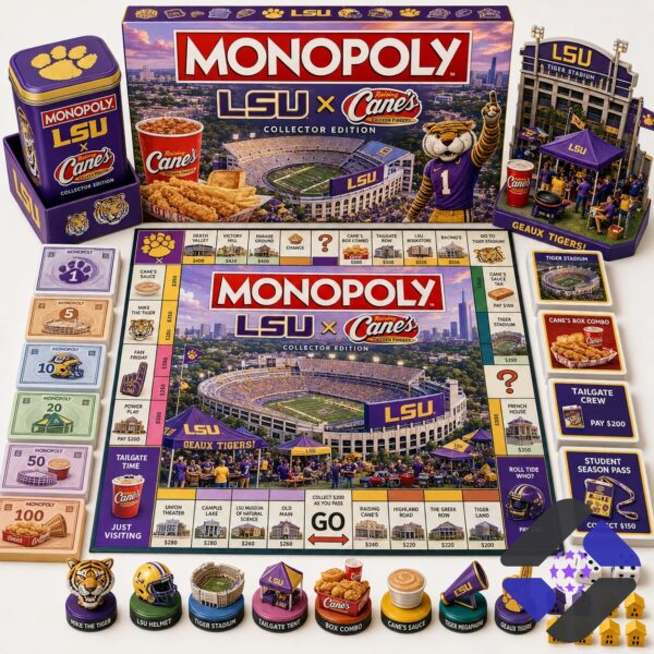 Louisiana State University Raising Canes Monopoly Board Game - complete set laid out