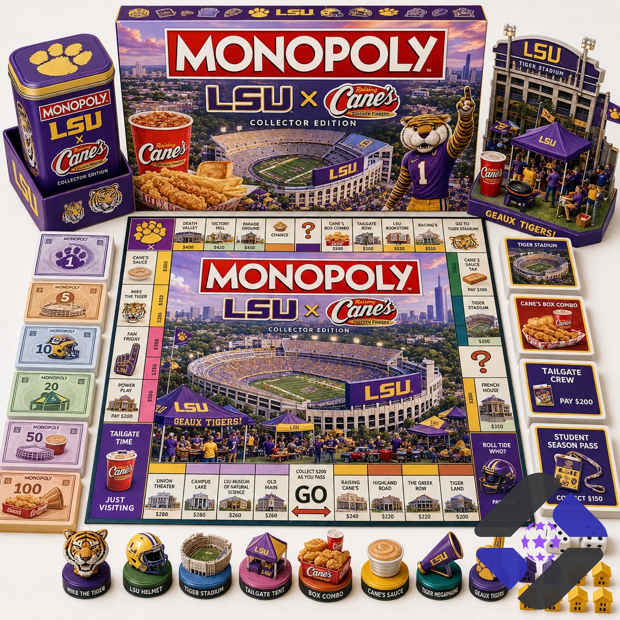 Louisiana State University Raising Canes Monopoly Board Game - complete set laid out