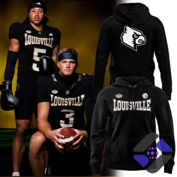 Louisville Cardinals For The Ville Uniform 2026 Hoodie - full view with football players in uniform