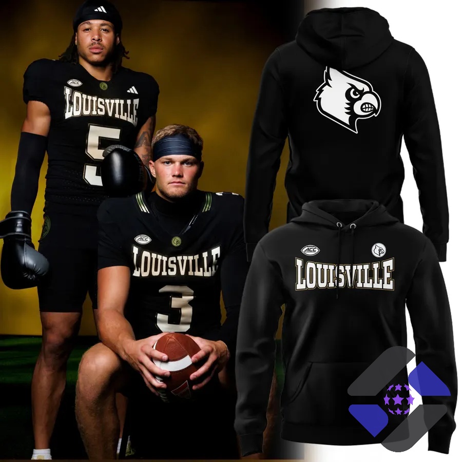 Louisville Cardinals For The Ville Uniform 2026 Hoodie - full view with football players in uniform
