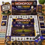 LSU Tigers Championship Anniversary Monopoly Board Game with all components displayed