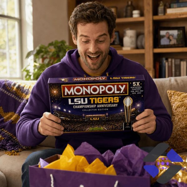LSU Tigers Championship Anniversary Monopoly Board Game box and light-up sign