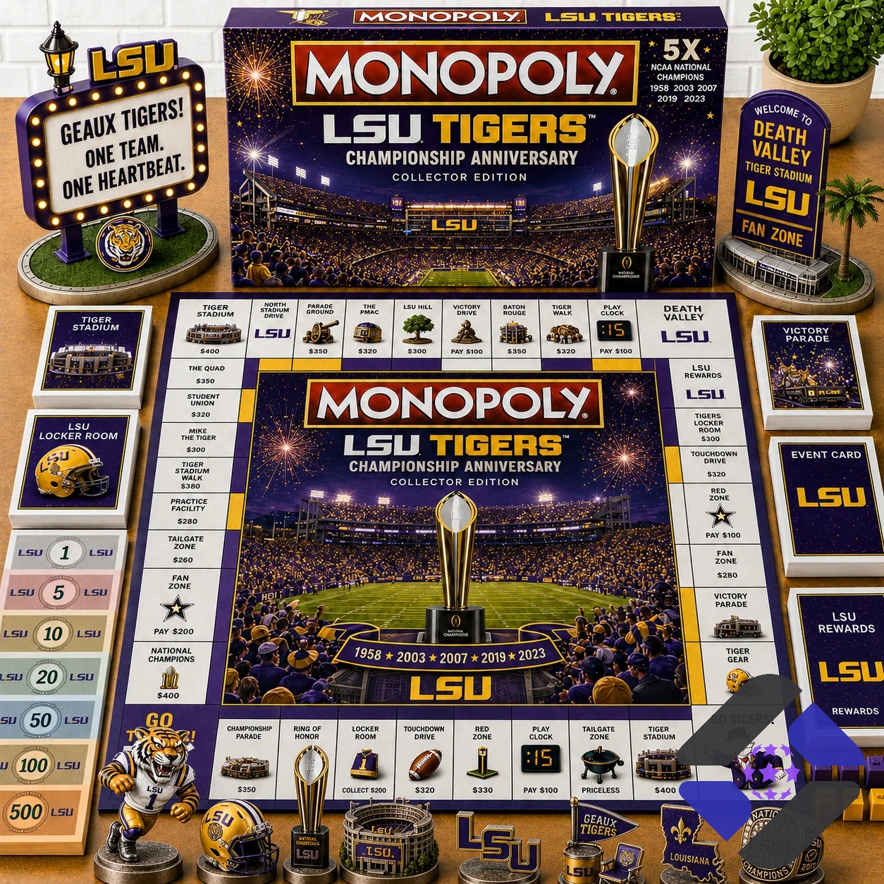 LSU Tigers Championship Anniversary Monopoly Board Game with all components displayed