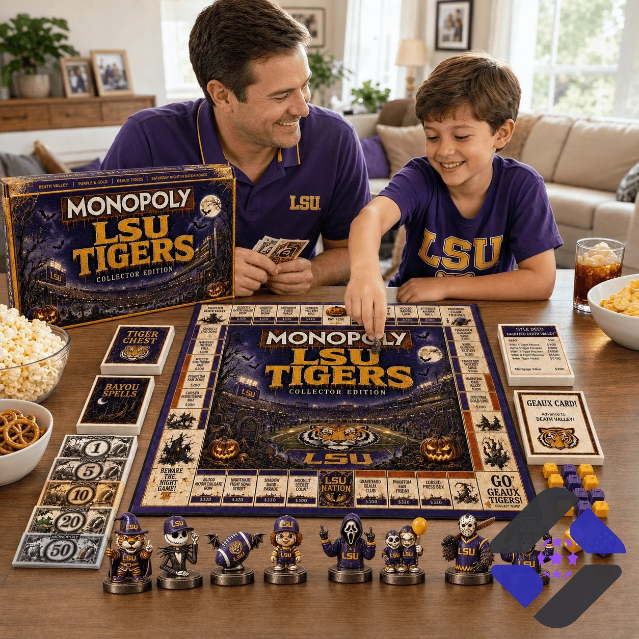 LSU Tigers Monopoly Board Game - close-up of game box, cap, and game cards