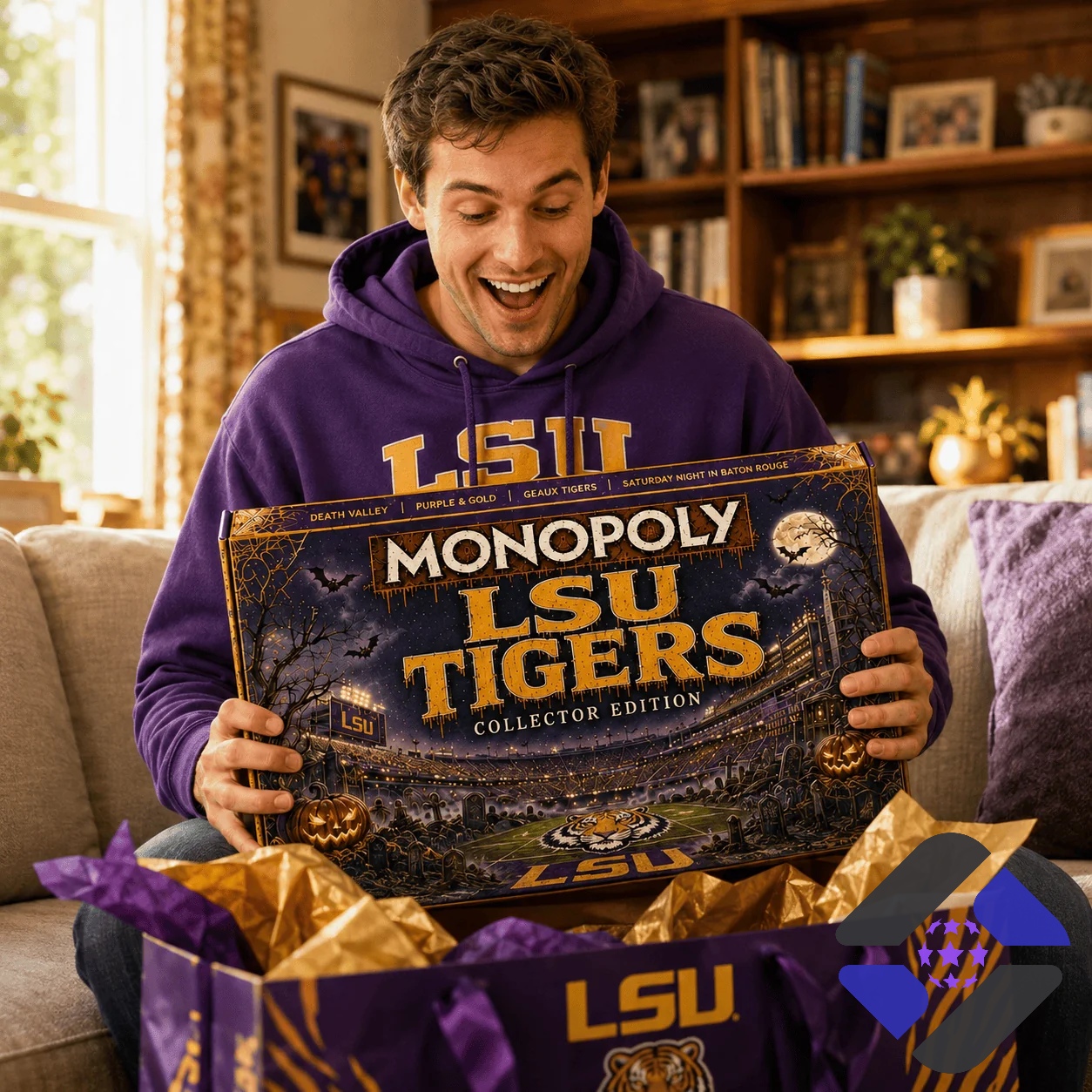 LSU Tigers Monopoly Board Game - close-up of game board, lantern, and property cards