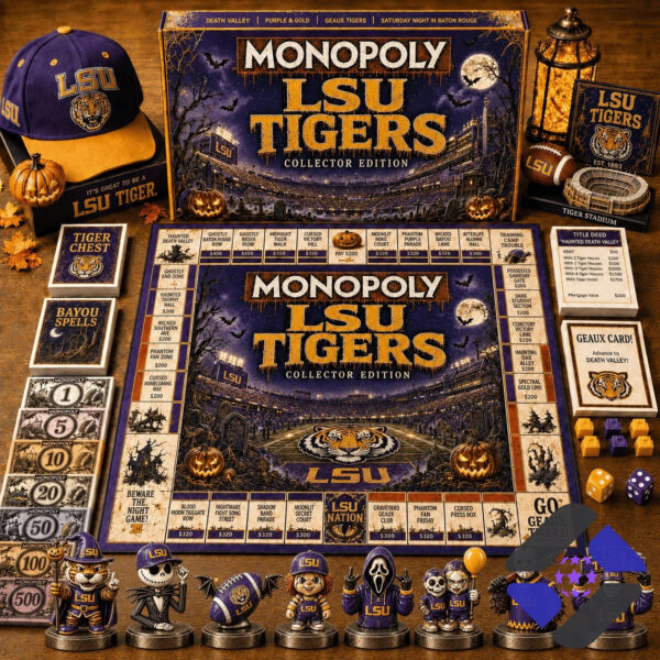 LSU Tigers Monopoly Board Game - full product display with accessories
