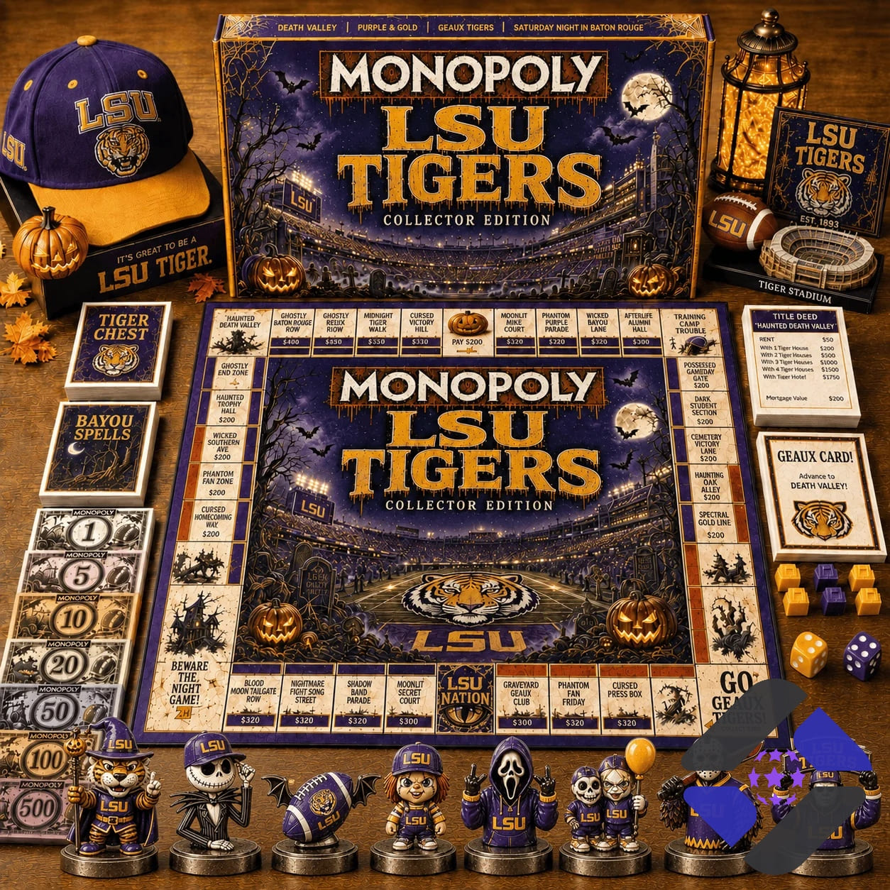 LSU Tigers Monopoly Board Game - full product display with accessories