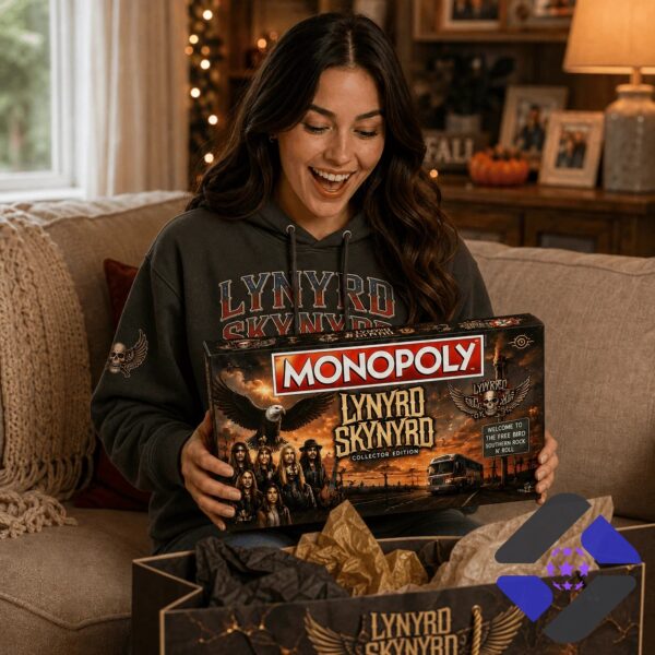 Lynyrd Skynyrd 2026 Monopoly Board Game - close-up of box, game board, and card stacks