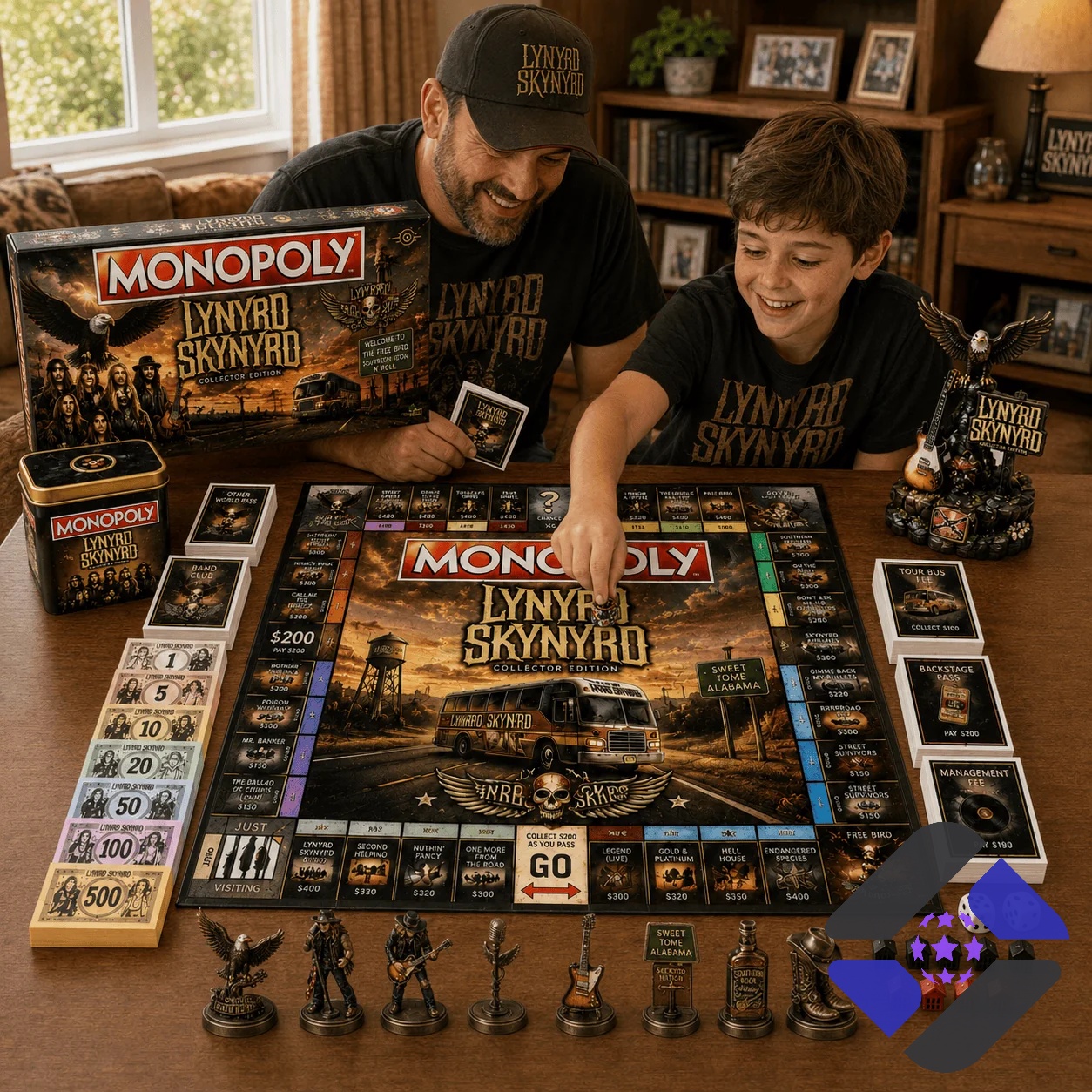 Lynyrd Skynyrd 2026 Monopoly Board Game - close-up of game board, box, and tour bus cards