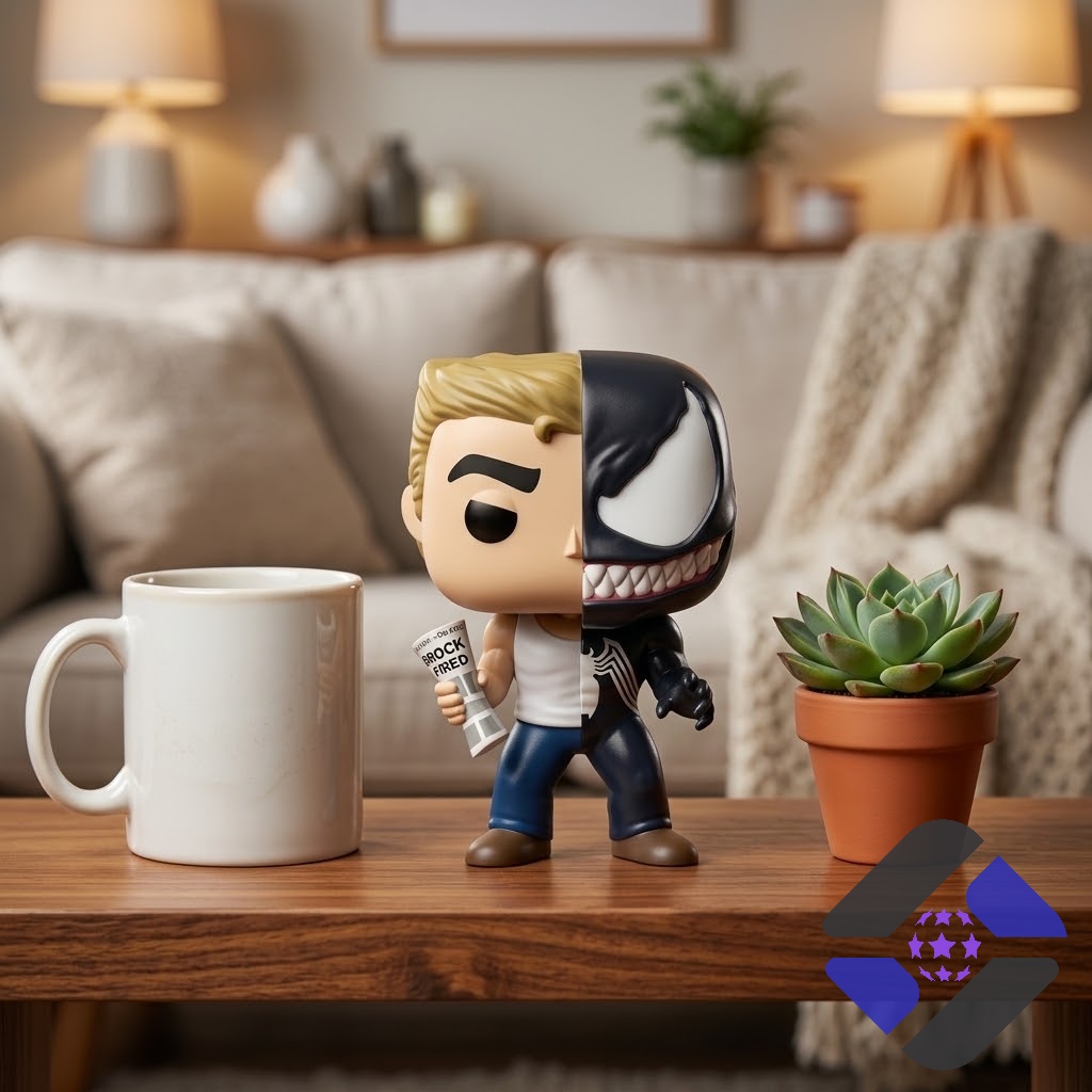 Marvel Comics Eddie Brock Venom Splits Funko Pop - close up of the figure holding the newspaper with the