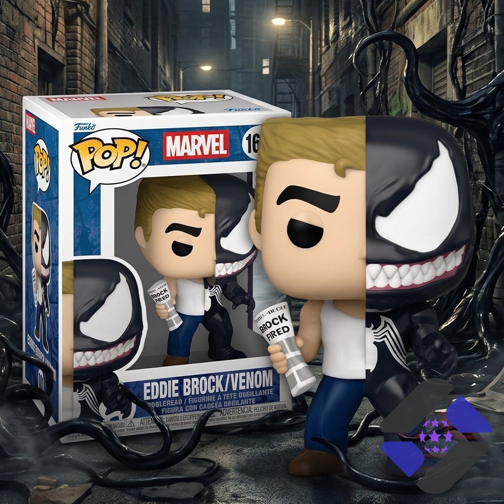 Marvel Comics Eddie Brock Venom Splits Funko Pop - full view with collector box in an alley setting